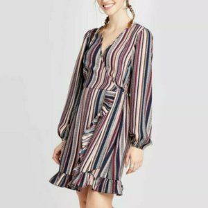 Xhilaration Dress Navy Striped Ruffle Midi Faux Wrap Tie Waist Size L